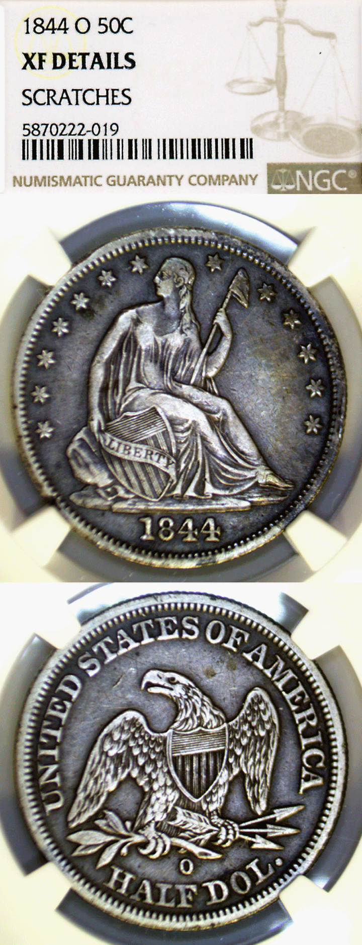 1844-O 50c Seated Liberty silver half dollar NGC XF