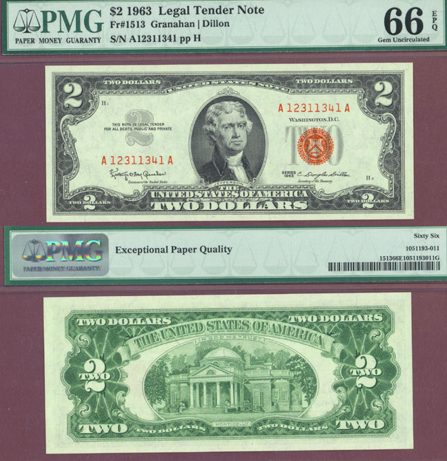1963 $2 FR-1513 US small size legal tender note PMG GEM Uncirculated 66EPQ