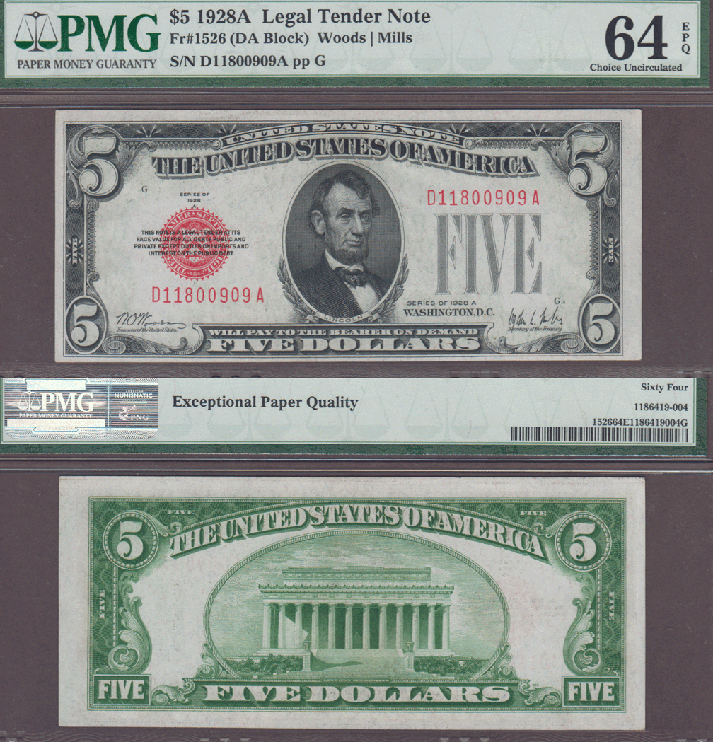 1928-A $5 FR-1526 US small size legal tender note red seal PMG Choice Uncirculated 64 EPQ 
