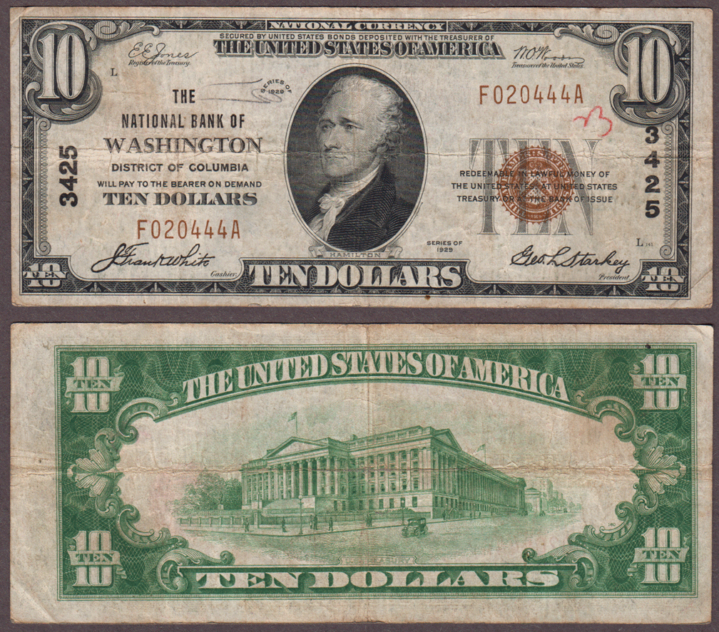 Washington DC 1929 10.00 Type 1 FR-1801-1 Charter 3425 US small size national bank note