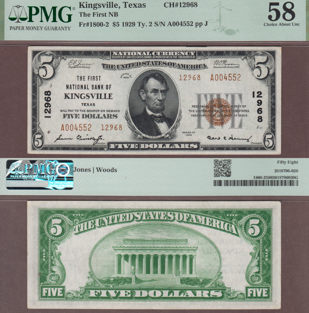 1929 $5.00 Type 2 FR-1800-2 Kingsville Texas Charter 12968 PMG AU 58