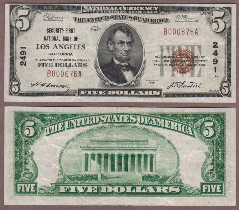 1929 $5.00 Type 1 FR-1801-1 Los Angeles California Charter 2491