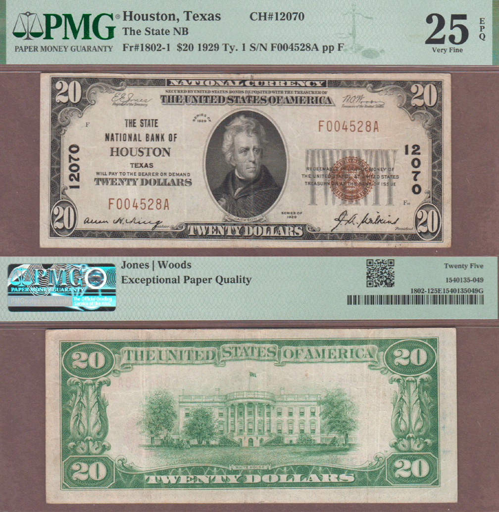 1929 $20.00 Type 1 FR-1802-1 "Houston Texas" Charter 12070