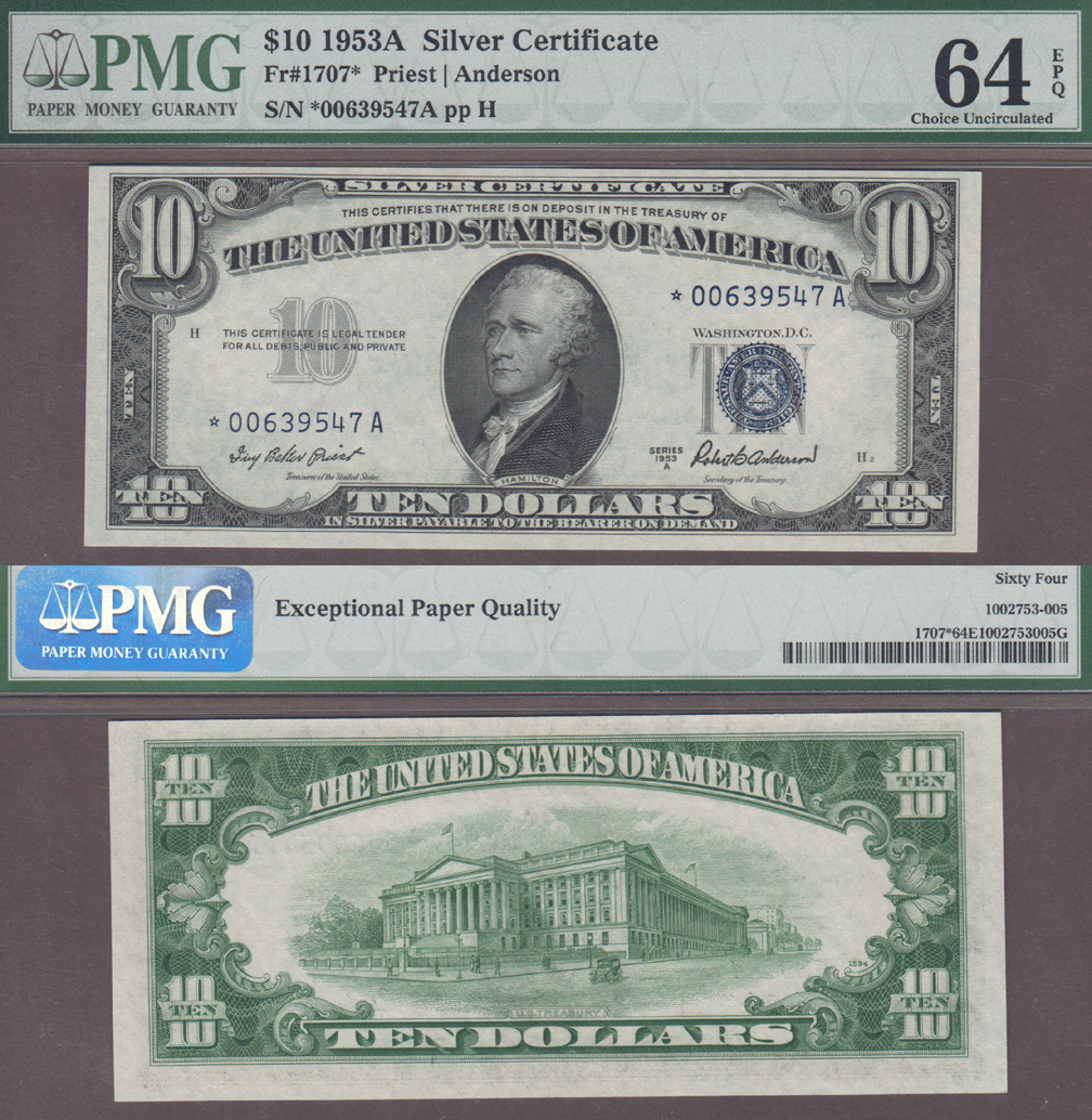 1953-A $10 FR-1707* US small size silver certificate blue seal PMG 64 EPQ