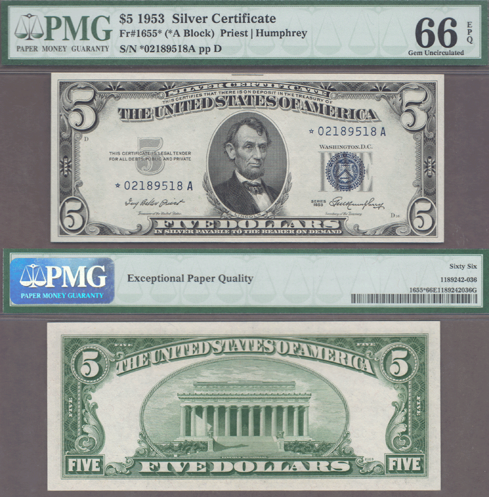 1953 $5 FR-1655* "STAR" US small size silver certificate PMG Gem Uncirculated 66 EPQ