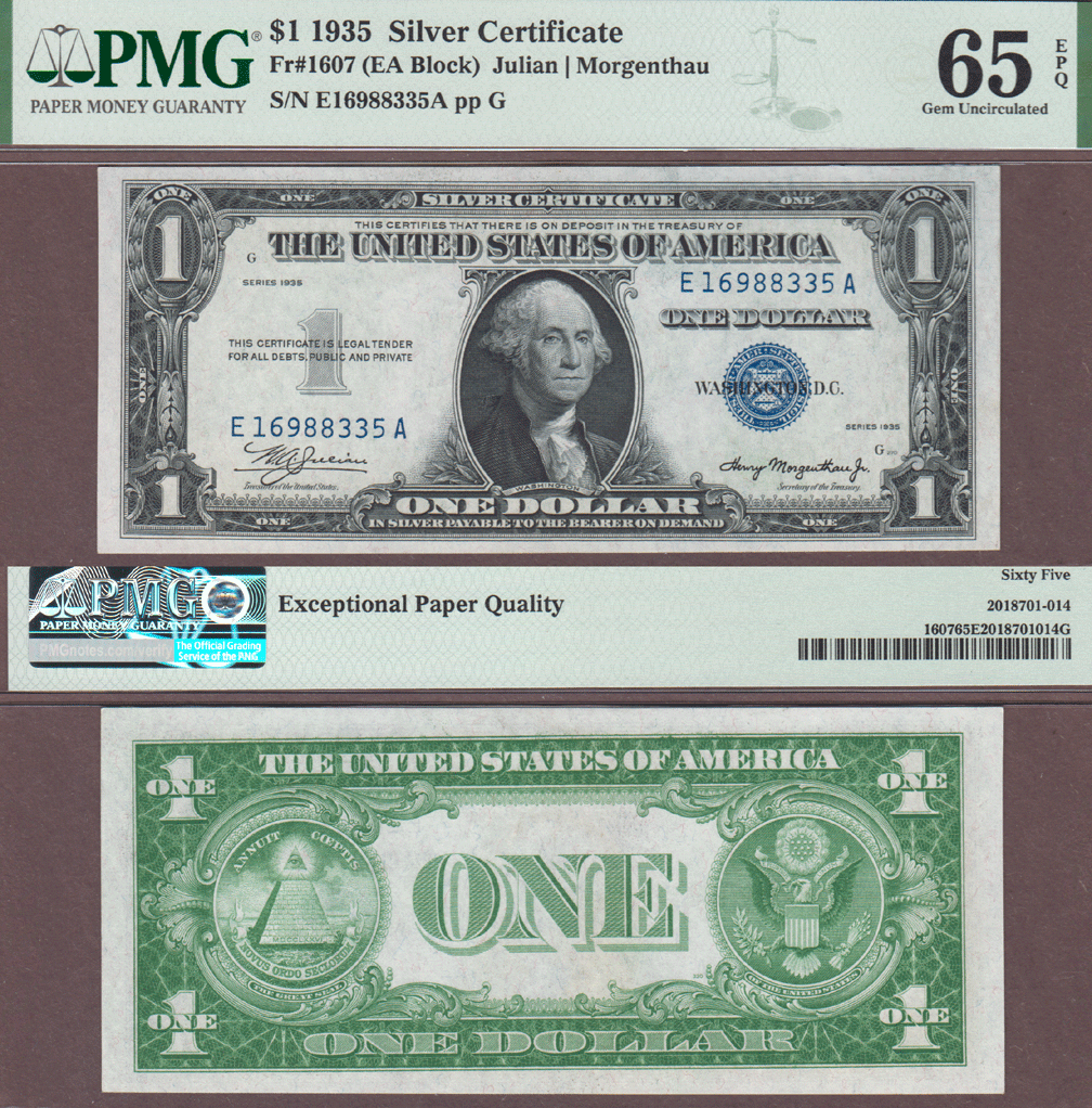 1935 $1 FR-1607 US small size silver certificate blue seal PMG Choice Uncirculated 65 EPQ