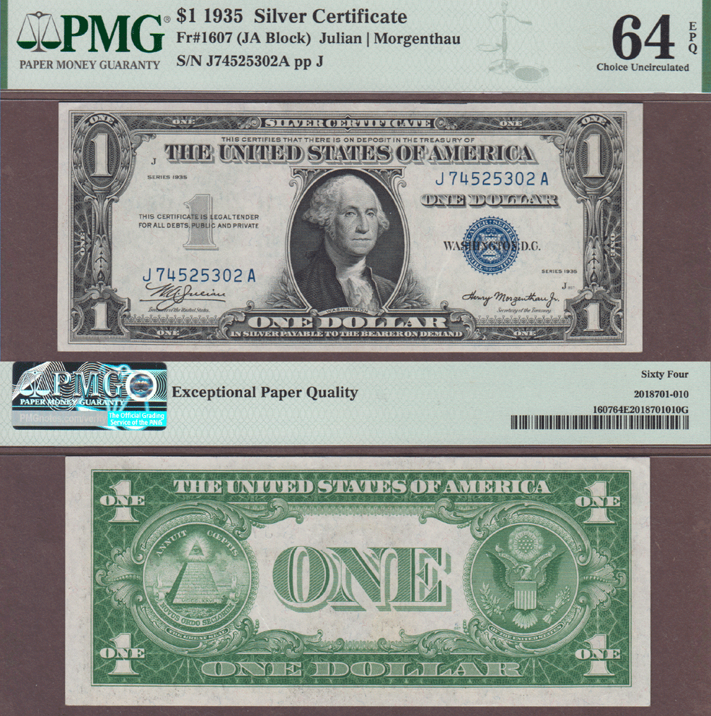 1935 $1 FR-1607 US small size silver certificate blue seal PMG Choice Uncirculated 64 EPQ