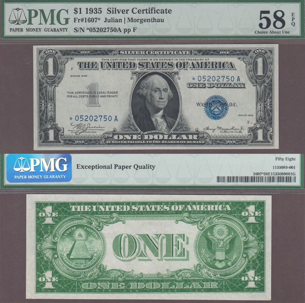 1935 $1 FR-1607* STAR US small size silver certificate PMG AU 58