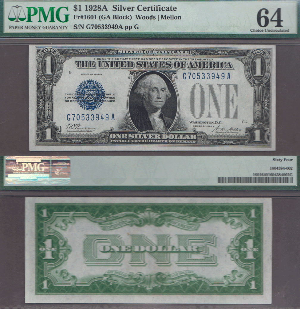 1928-A $1 FR-1601 US silver certificate PMG CU 64