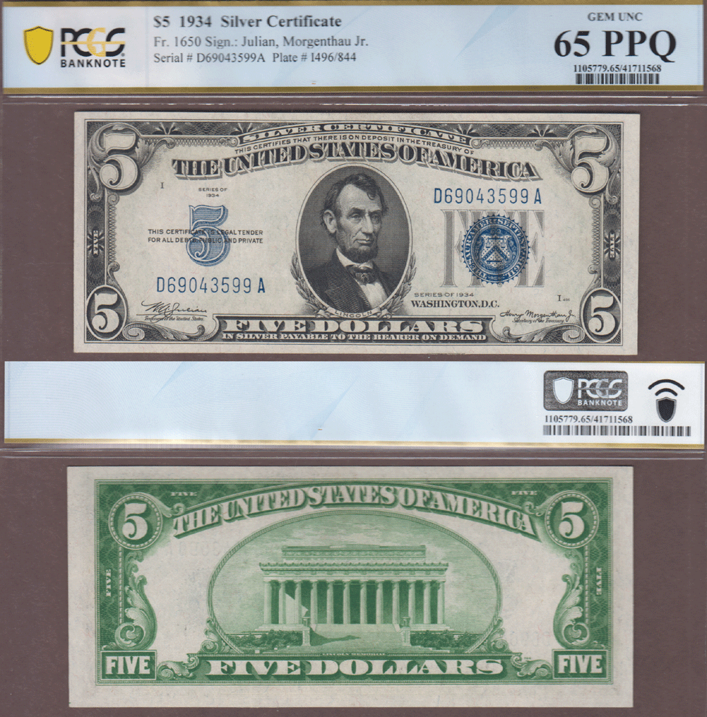 1934 $5 FR-1650 Silver Certificate PCGS Gem CU 65 PPQ