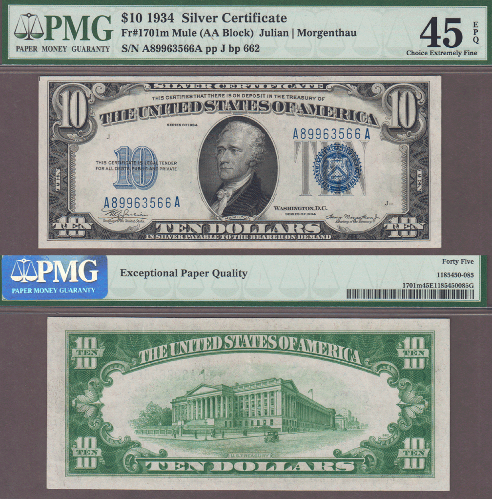 1934 $10 FR-1701m "Mule" Silver Certificate PMG EF 45 EPQ