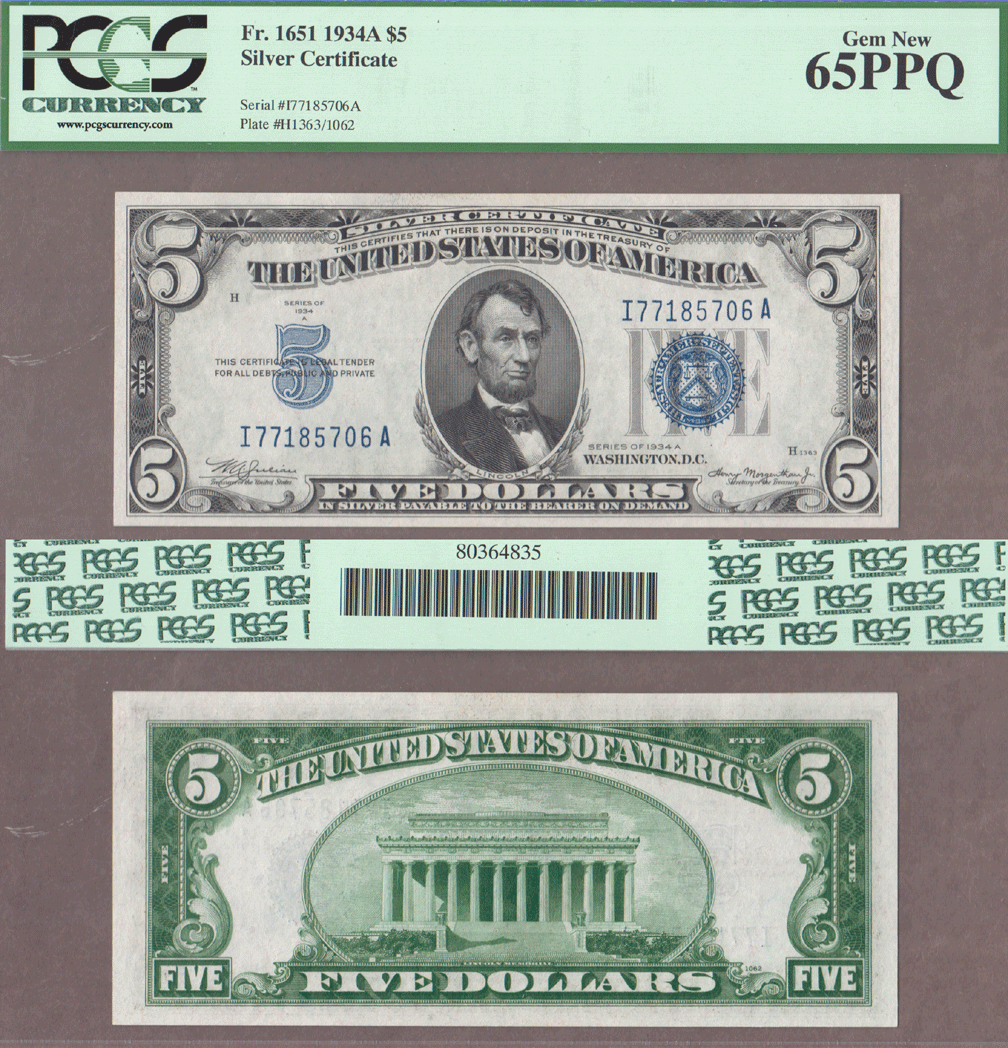 1934-A $5 FR-1651 US small size silver certificate blue seal PCGS GEM 65 PPQ