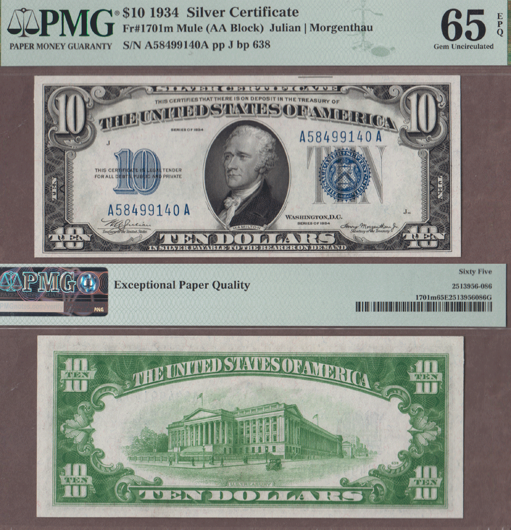 1934 $10 FR-1701m "Mule" Silver Certificate PMG CU 65 EPQ