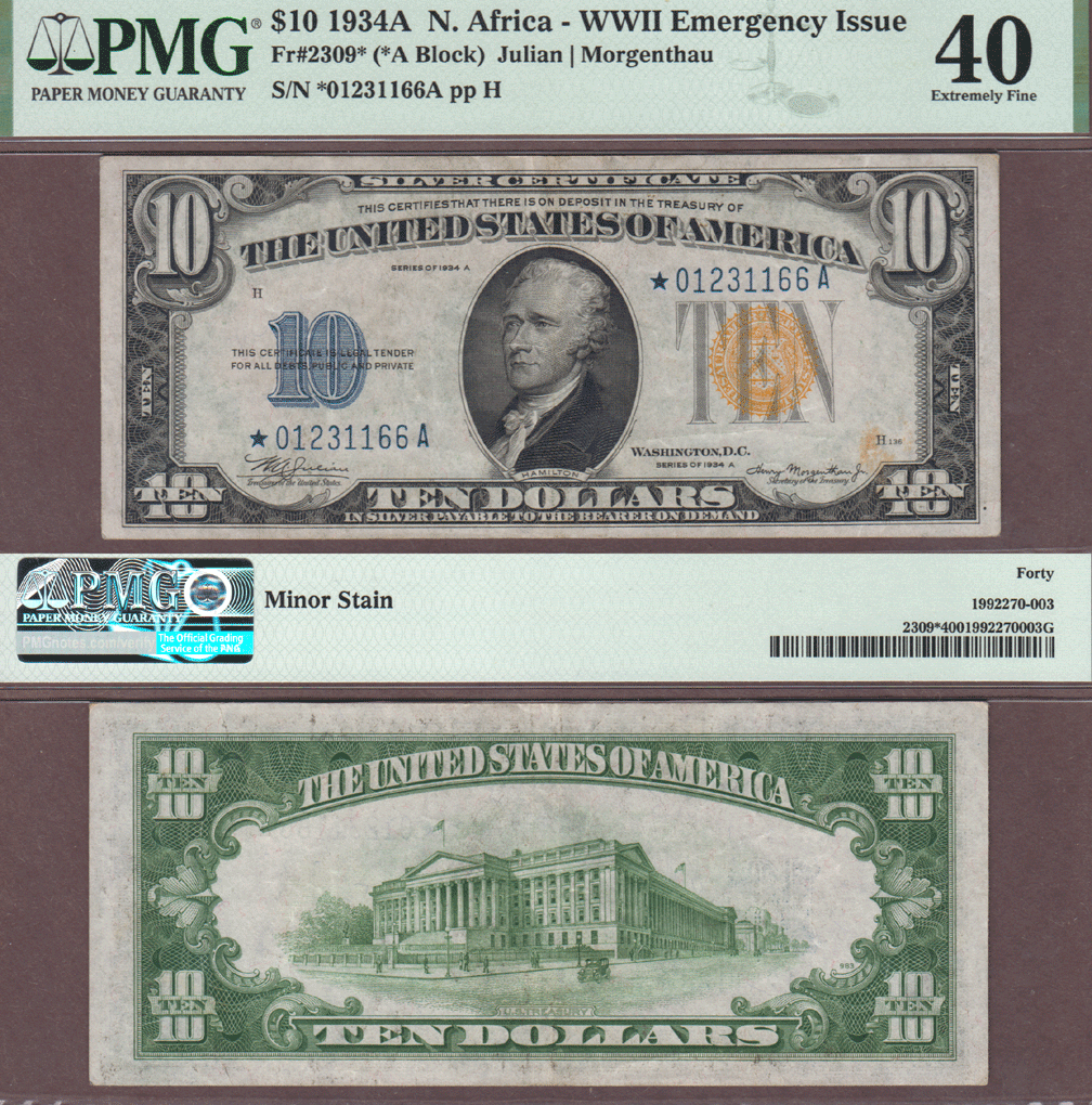 1934-A $10 FR-2309* North Africa "Star" PMG 40