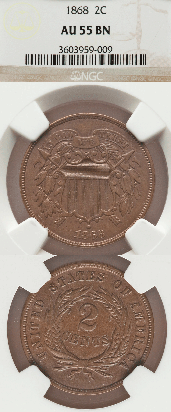 1868 2c US Two Cent piece NGC-AU 55