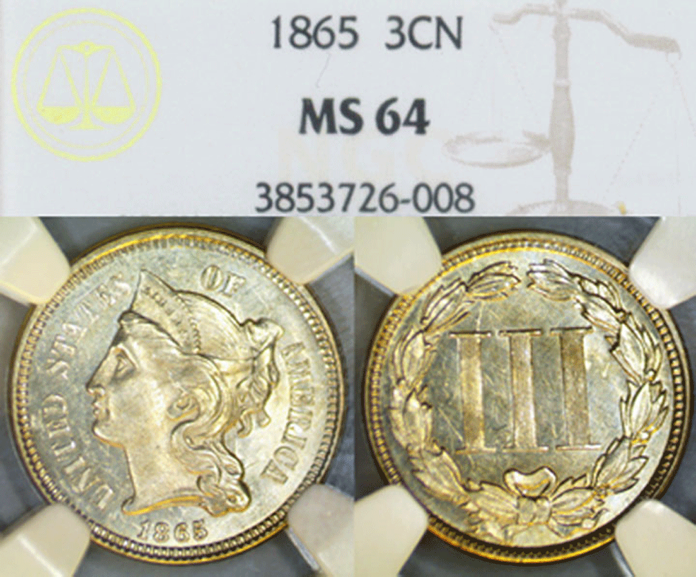 1865 3c NGC MS-64 US 3 cent nickel