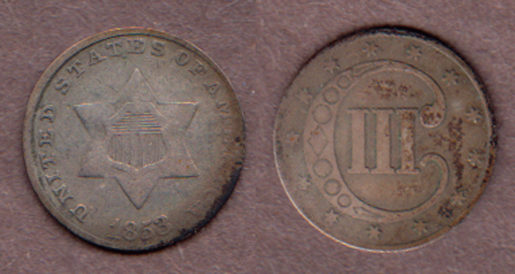 1853 3c Type 1 US three cent silver