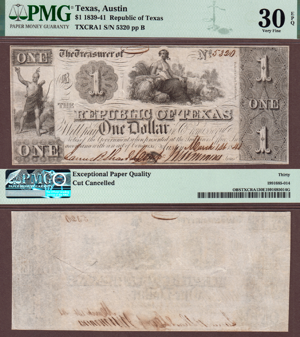 Republic of Texas - $1.00 A1 Republic of Texas paper money PMG VF 30EPQ