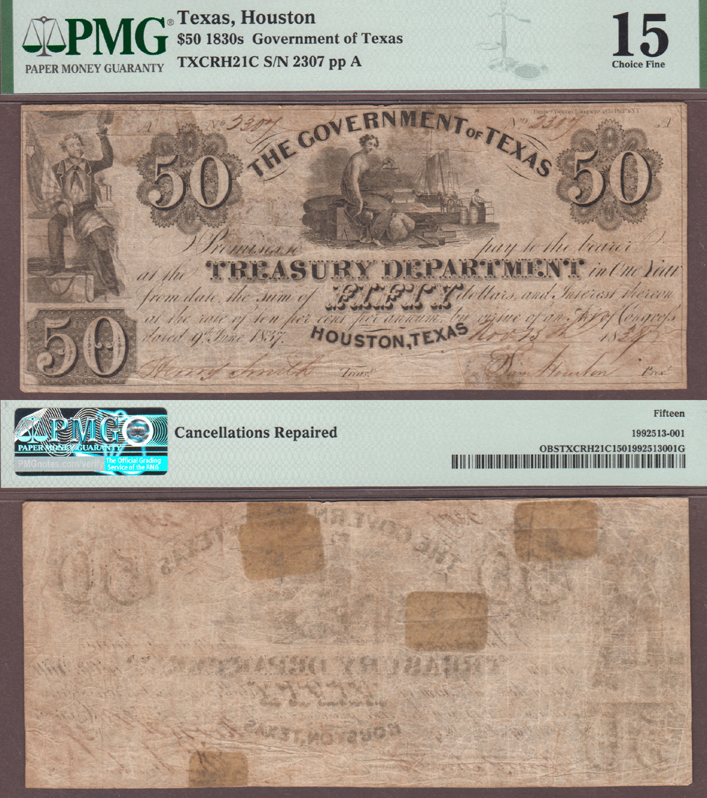 Government of Texas - $50.00 H21C Republic of Texas paper money PMG Choice Fine 15