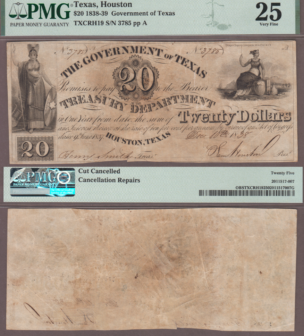 Government of Texas - $20.00 H-19 Republic of Texas paper money PMG Very Fine 25