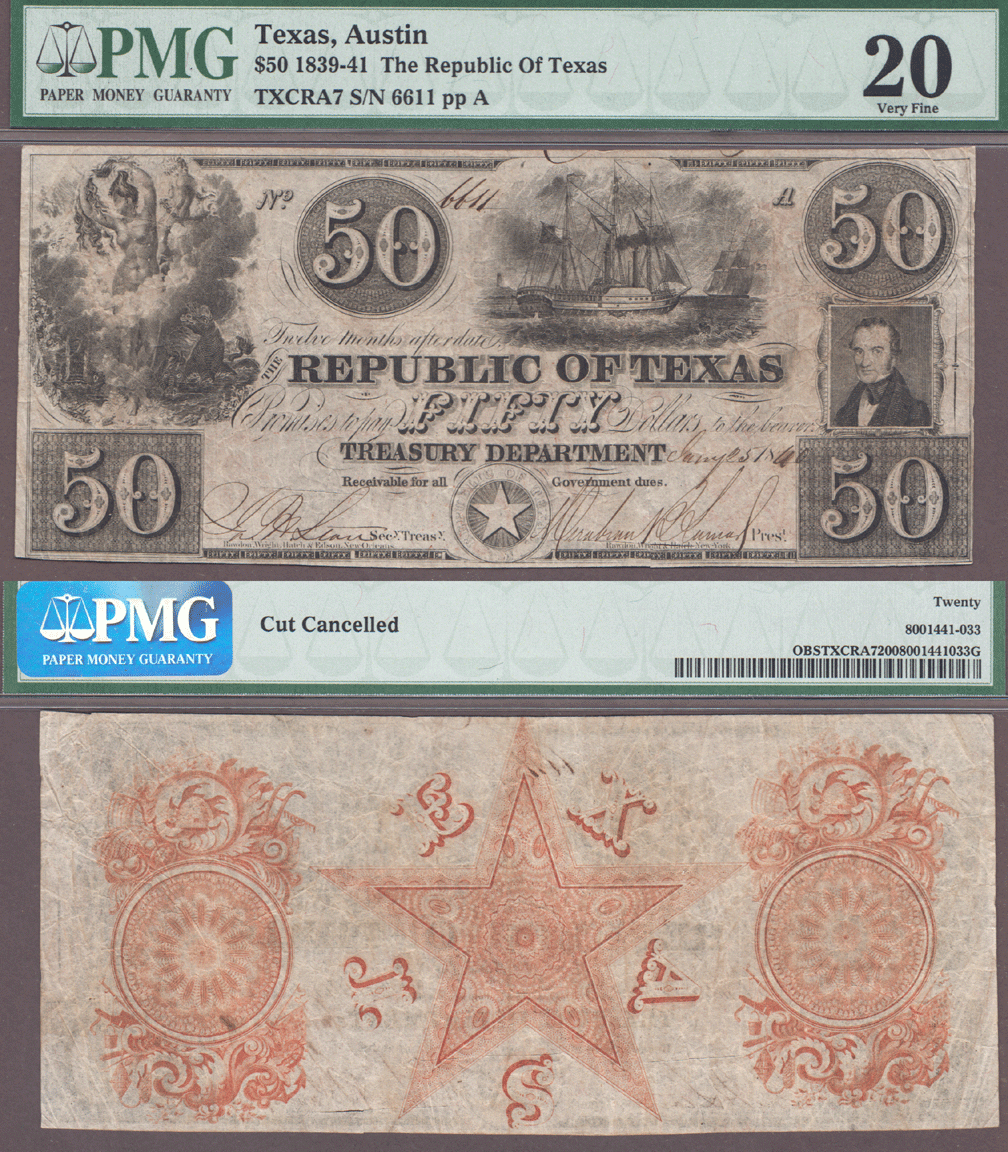 Republic of Texas paper money - $50.00 A7 PMG VF 20