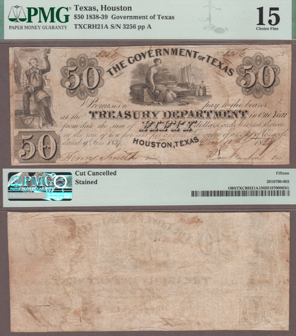 Government of Texas - $50.00 H21A Republic of Texas paper money PMG Choice Fine 15