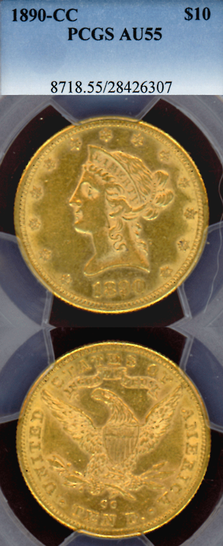 1890-CC $10.00 US gold eagle PCGS AU 55