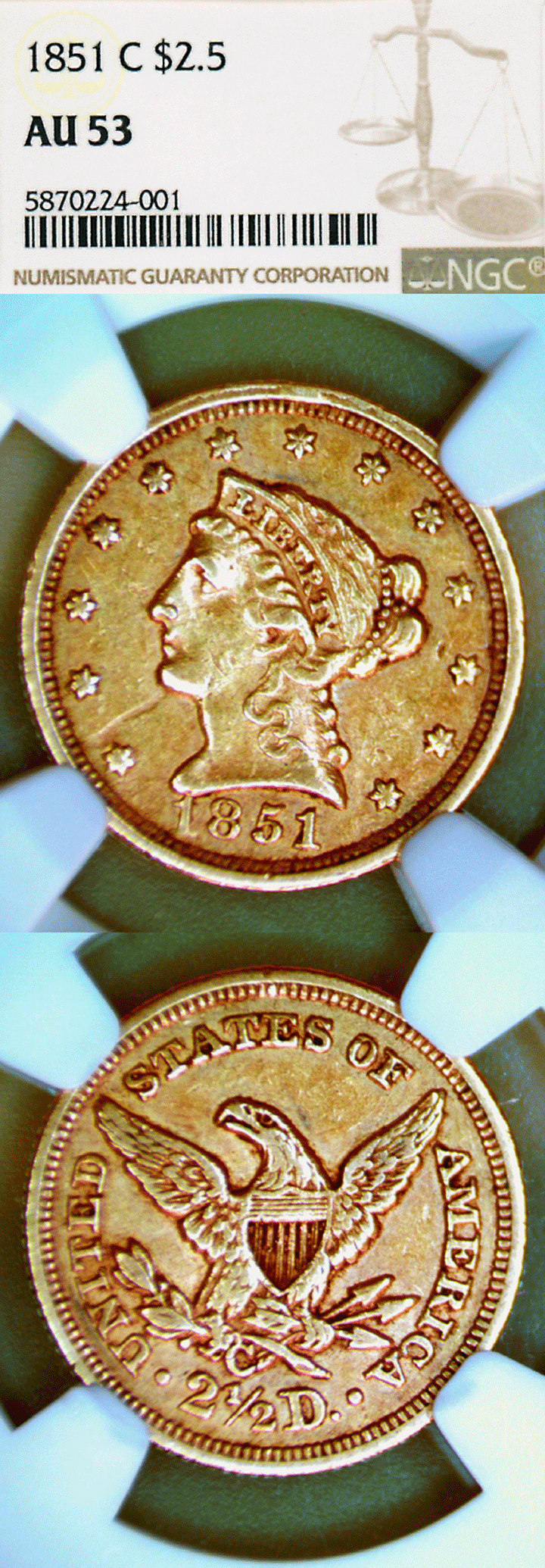 1851-C $2.50 "Charlotte Mint" NGC AU-53
