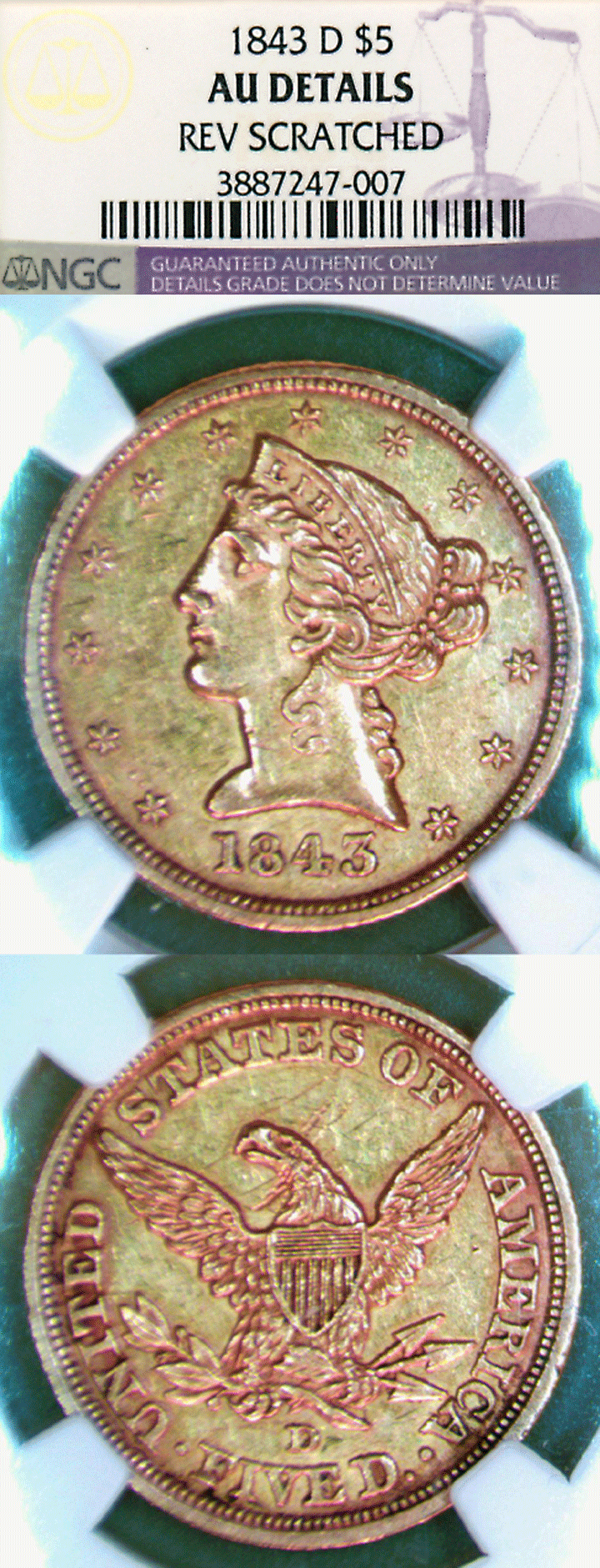 1843-D $5.00 "Dahlonega Mint" NGC AU Details