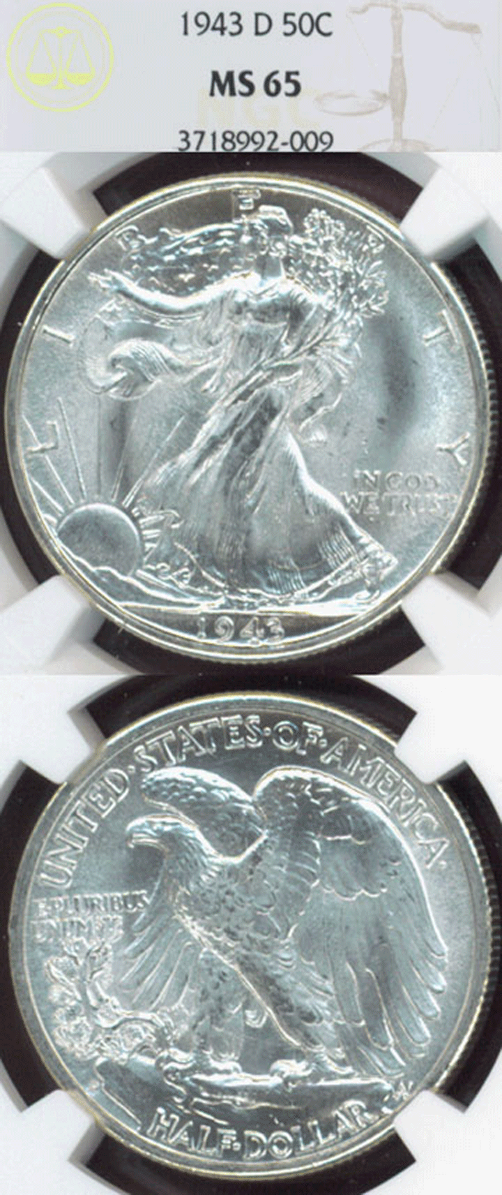 1943-D 50c MS-65 Walking liberty silver half dollar NGC MS 65
