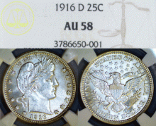 1916-D 25c US Barber silver Quarter NGC AU 58