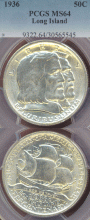 1936 Long Island silver commemorative half dollar PCGS MS64