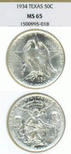 1934 Texas commemorative silver half dollar NGC MS 65