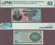 FR-1376 50 Cents Fourth Issue US Fractional currency Stanton PMG CU 63  