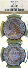 1834 Half Cent NGC MS 63