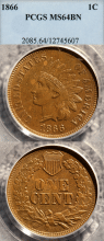 Indian Head Cent 1866 1c US collectable Indian head cent PCGS MS-64