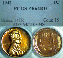 1942 PROOF US Lincoln wheat cent PCGS PR 64 RED