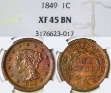 1849 1c US Large cent NGC XF-45