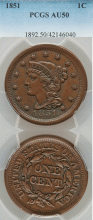 1851 1c US Braided Hair Large Cent PCGS AU 50