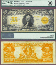 1922 $20 FR-1187 US large size gold note PMG VF 30