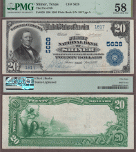 1902 Plain Back $20.00 FR-659 "Shiner Texas" Charter 5628 PMG AU58