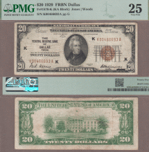 1929 $20 FR-1870-K Dallas PMG VF 25