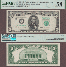 1950 C $5 FR-1964-J* *STAR* US small size federal reserve note PMG Choice About Uncirculated 58 EPQ