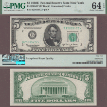 1950 E $5 FR-1966-B* *STAR* US small size federal reserve note PMG Choice Uncirculated 64 EPQ