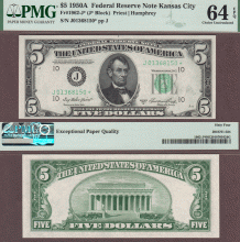 1950 A $5 FR-1962-J* *STAR* US small size federal reserve note PMG Choice Uncirculated 64 EPQ