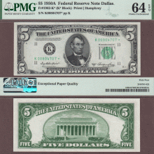 1950-A $5 FR-1962-K* *STAR* US federal reserve note PMG CU 64EPQ