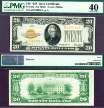 1928 - $20 FR-2402 US small size gold certificate PMG XF 40