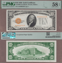 US Small Size Gold Certificate 1928 - $10 FR-2400 PMG-Choice AU 58 EPQ