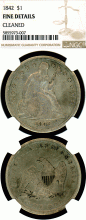1842 $ "No Motto" Seated Liberty Dollar NGC Fine 