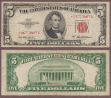 1953-A $5 FR-1533* "STAR" US small size legal tender note